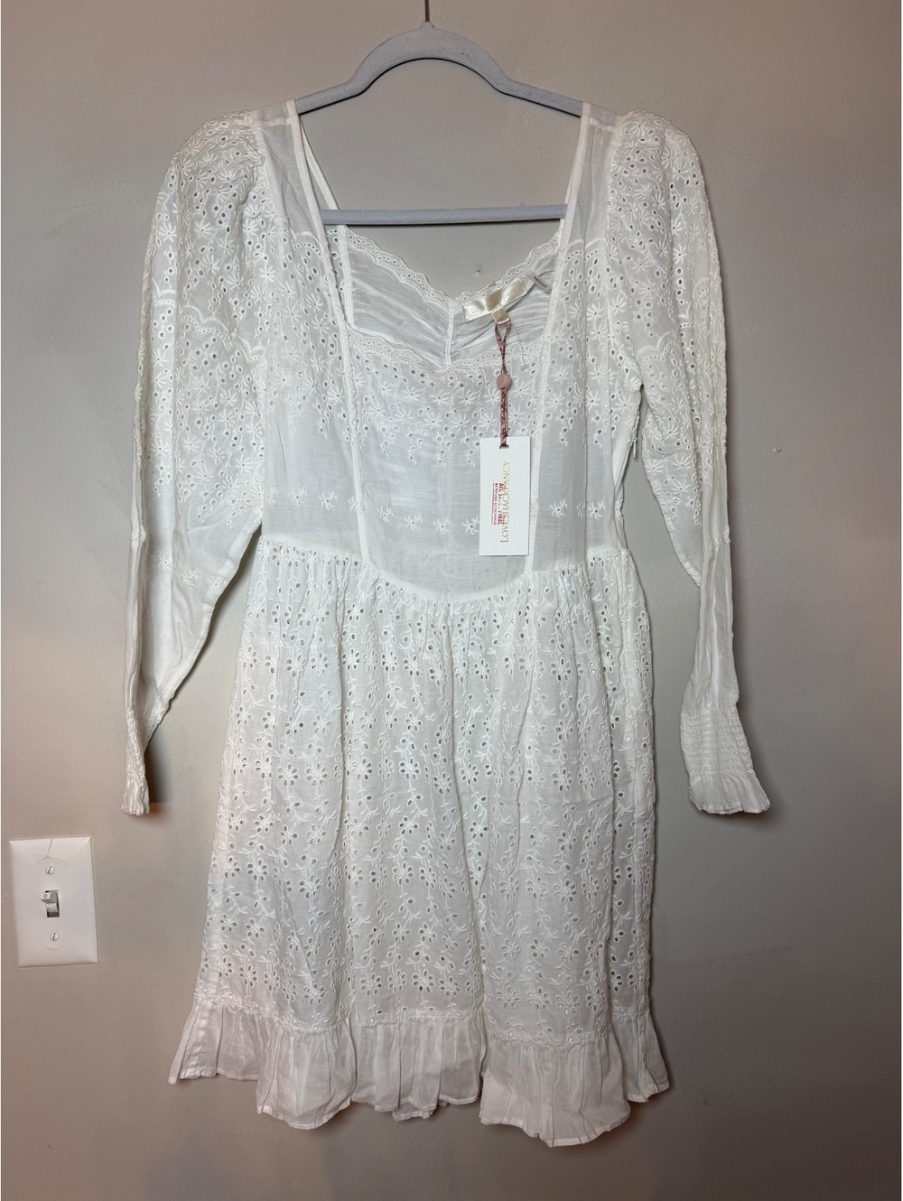 NWT LoveShackFancy Preslina White Embroidered Cotton Eyelet Mini Dress. Size 2